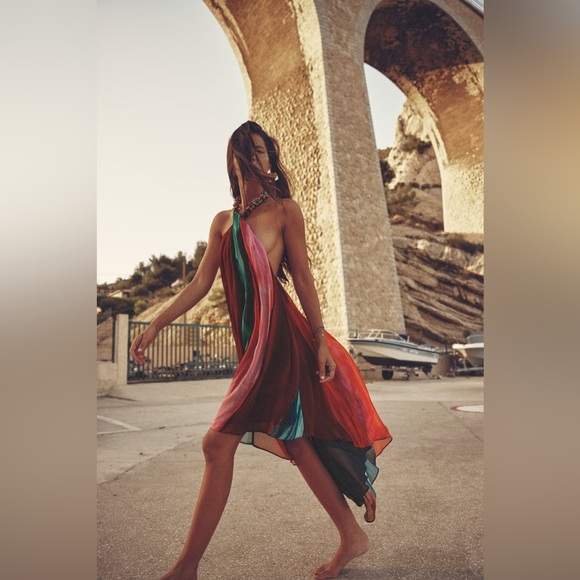 Zara BEADED HALTER multicolored print open back asymmetric hem DRESS sz.XS - Picture 4 of 17